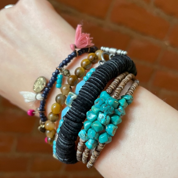 Boho Chunky Bead Stackable Bracelet Bundle Free Necklace Brown Turquoise Navy - Picture 3 of 5